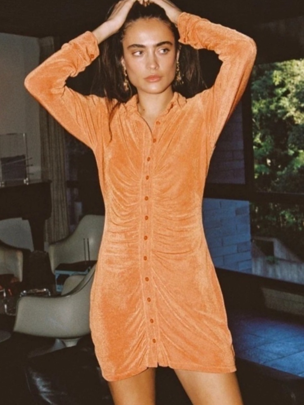 With Jean Orange Velvet Button-Front Mini Chemise